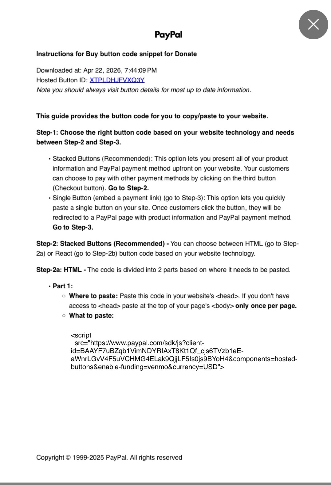 PayPal donation setup screenshot